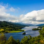 View from Queen's View at Loch Tummel in Scotland, UK, on a moderately bright, cloudy day.